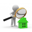 A figure inspecting a house with a magnifying glass.